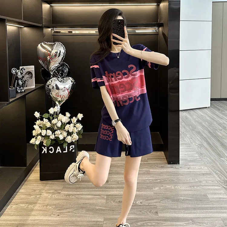 时尚减龄气质宽松跑步休闲夏季新款韩版蓝色短袖上衣短裤两件套女