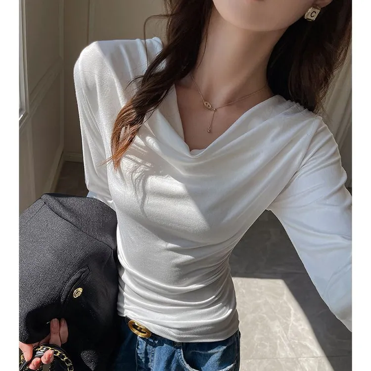 严选荡领长袖t恤女秋冬季高级感修身显瘦内搭莫代尔打底衫上衣