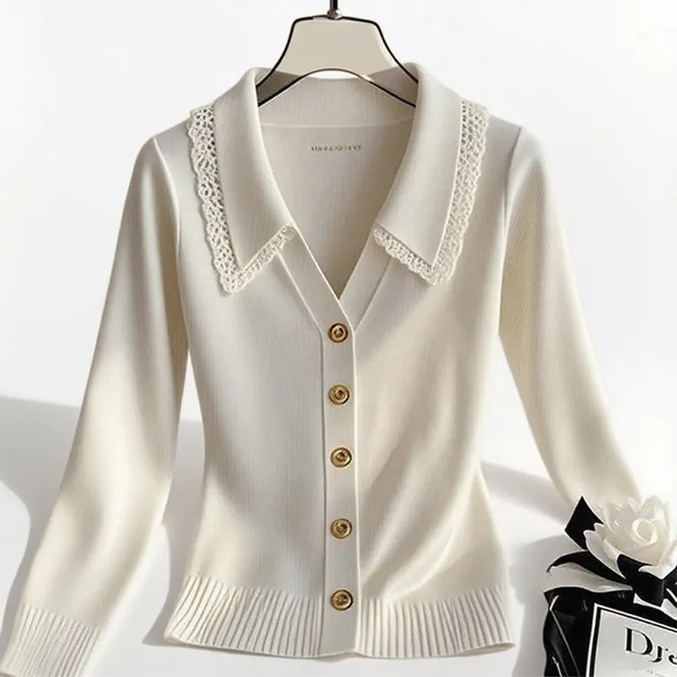 纯欲慵懒风女装白色蕾丝花边针织衫早秋季新款高级感洋气长袖上衣