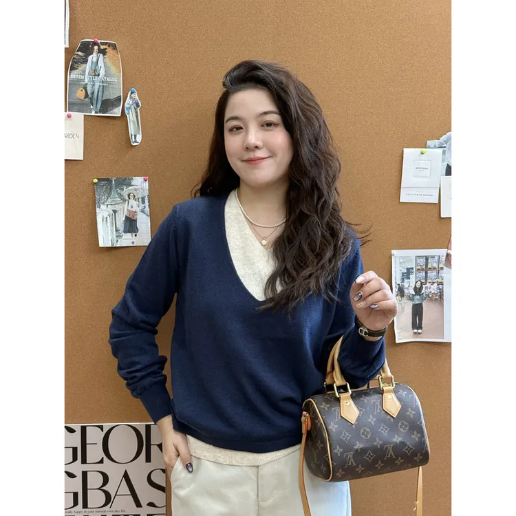 WenWen小个子2025韩版秋季新款拼接假两件设计针织纽扣毛衣4429