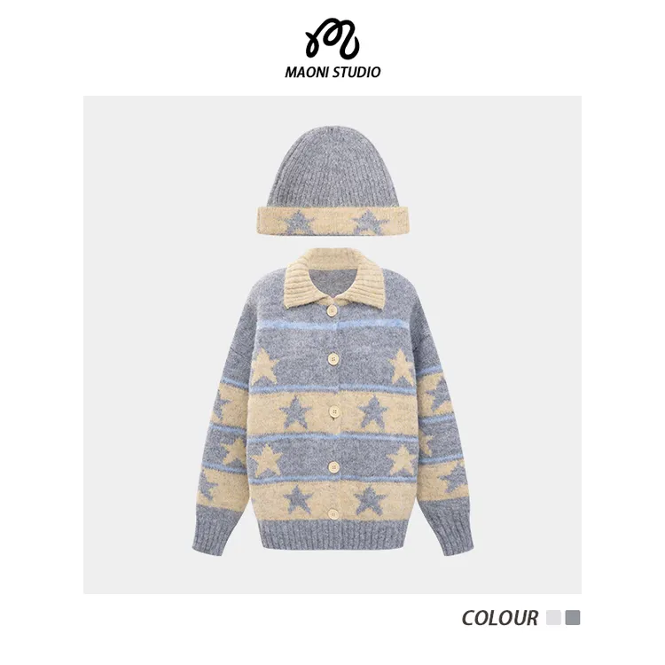 毛妮LADIESFIRST星星拉链翻领针织开衫【配帽子】撞色毛衣L2913