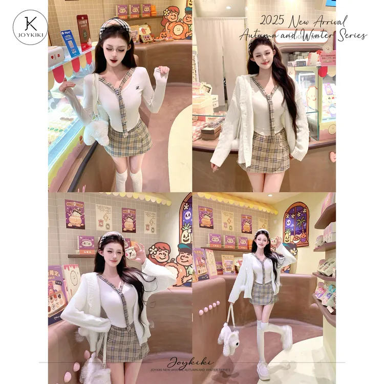 JOYKIKI金金【韩系女高】秋季学院风V领针织长袖上衣套装J25D130