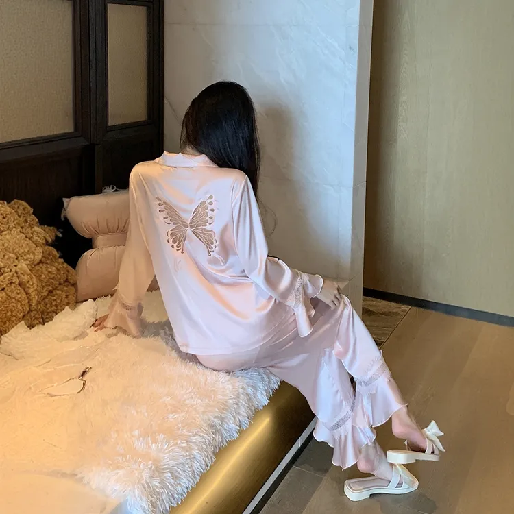 LEVTCHBORZT2025新款睡衣春秋季冰丝长袖女蝴蝶可外穿家居服套装