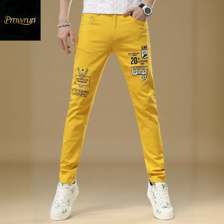 Pmwrun经典水洗黄色牛仔裤男修身小脚潮牌刺绣弹力新款长裤男款