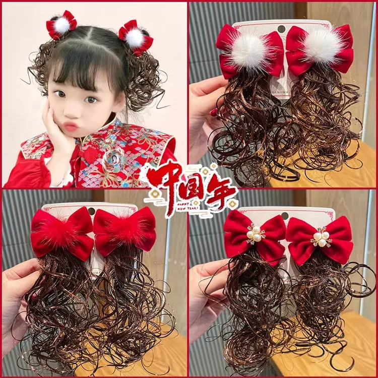 新年儿童发饰中国风蝴蝶结假发卷发发卡头饰2024新款女童宝宝头饰