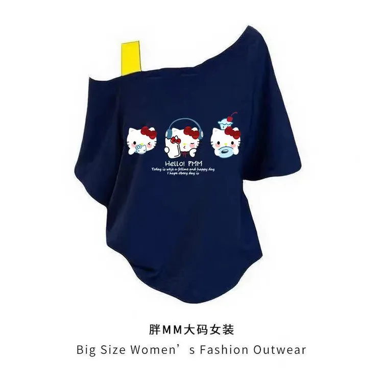 大码微胖MM短袖斜肩露肩宽松休闲设计感上衣女时尚卡通