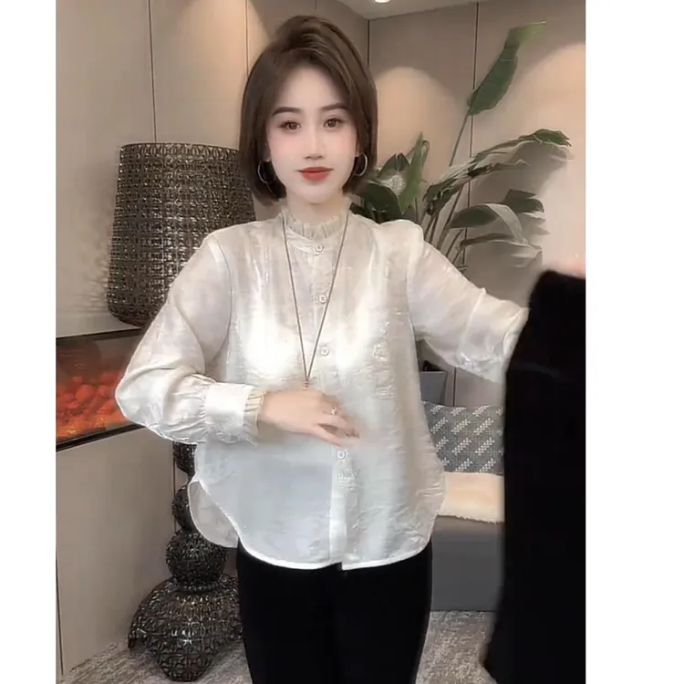 法式褶皱花边领长袖衬衫女2025新款秋季巨好看的小衫独特漂亮上衣