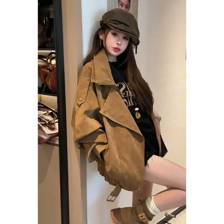 美式复古棕色机车风麂皮绒外套女秋季高级感宽松翻领廓形感夹克潮