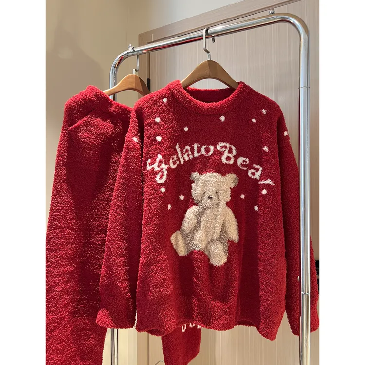 温柔慵懒可爱小熊卡通半边绒睡衣女秋冬新款加厚家居服套装可外穿