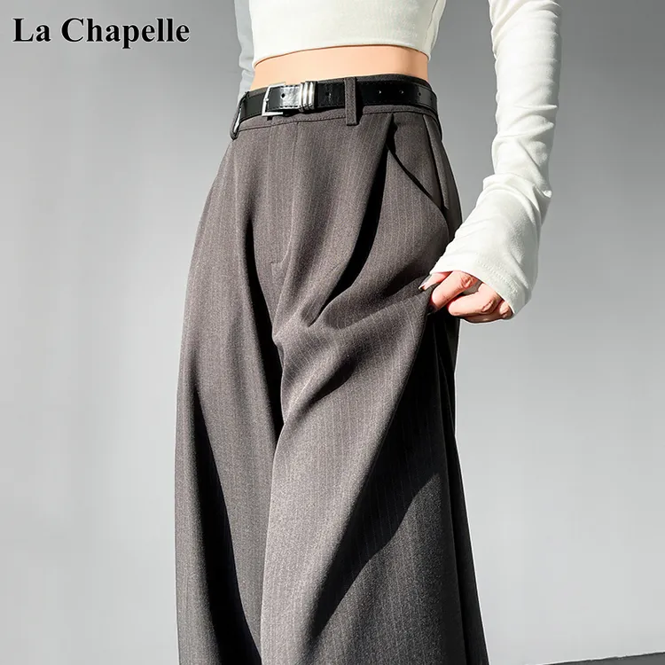 拉夏贝尔灰色条纹西装阔腿裤女秋季2025新款琥珀系高腰直筒休闲裤