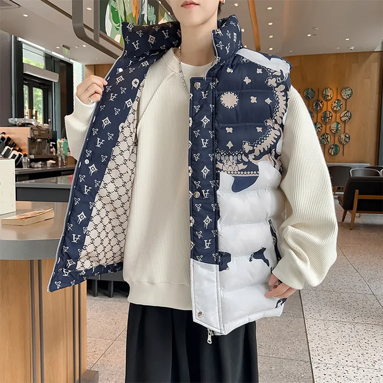 印花短款保暖新款棉服男大码男装马甲加厚秋冬宽松型冬季情侣马甲