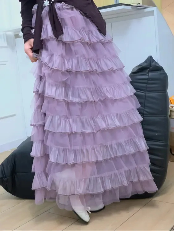 法式流光千层蛋糕蓬蓬裙设计感多层高腰花边半身裙灰紫色纱裙