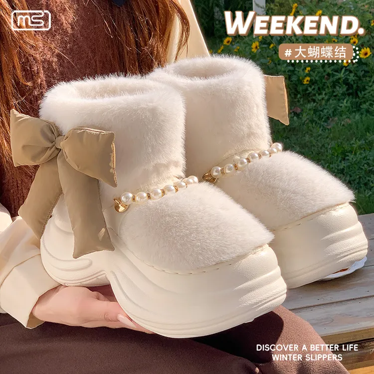 网红秋冬新款爆款时尚雪地靴蝴蝶结棉靴百搭厚底增高户外加绒加厚