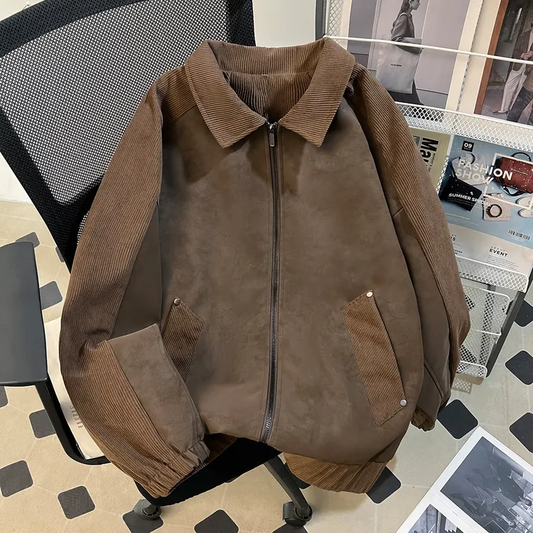 美式复古廓形翻领夹克男2025新款cleanfit简约休闲重磅拉链上衣服