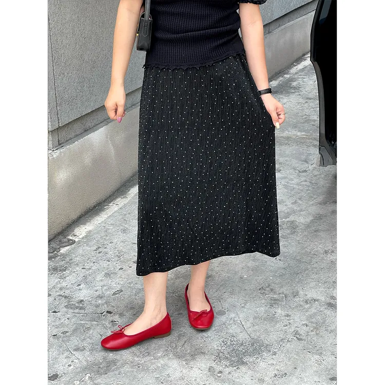  WenWen小个子韩系松紧腰设计百褶直筒闪闪半身裙3631