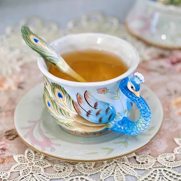 碟奢华新古典风格茶具方亚品牌正版陶瓷孔雀咖啡杯套装配勺子套装