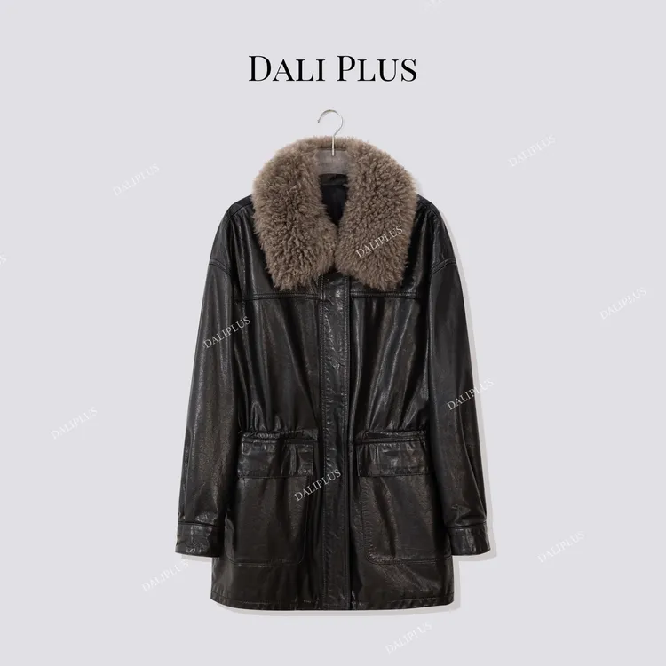 DALI PLUS95桑蚕丝牛皮皮衣”绵羊绒毛领时髦精必穿外套-D5MM3184