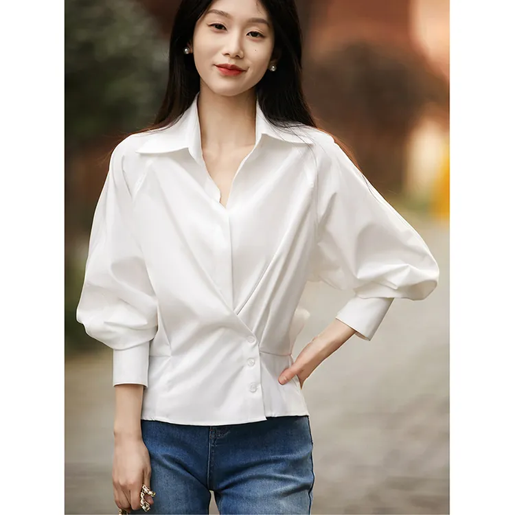 高级感气质长袖衬衫女春季斜扣收腰显瘦翻领职业通勤时尚百搭上衣
