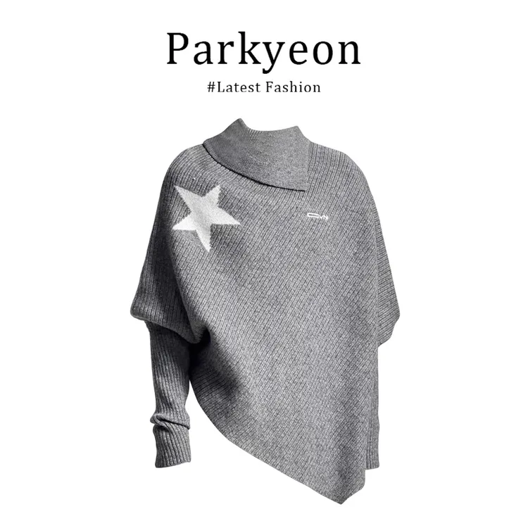 parkyeon韩系氛围感灰色高领针织衫斗篷毛衣女秋冬季不规则上衣女