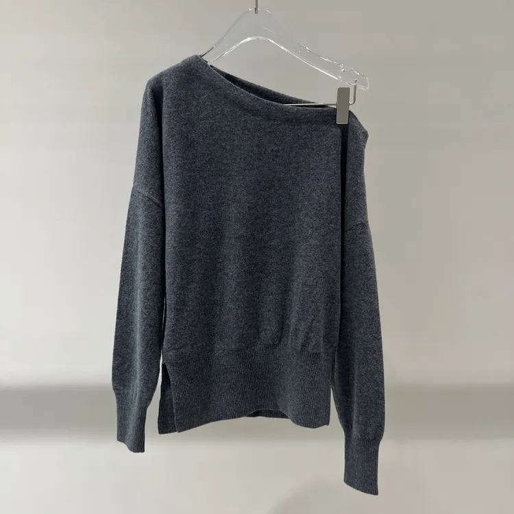 艾家百搭一字领斜肩针织毛衣4127