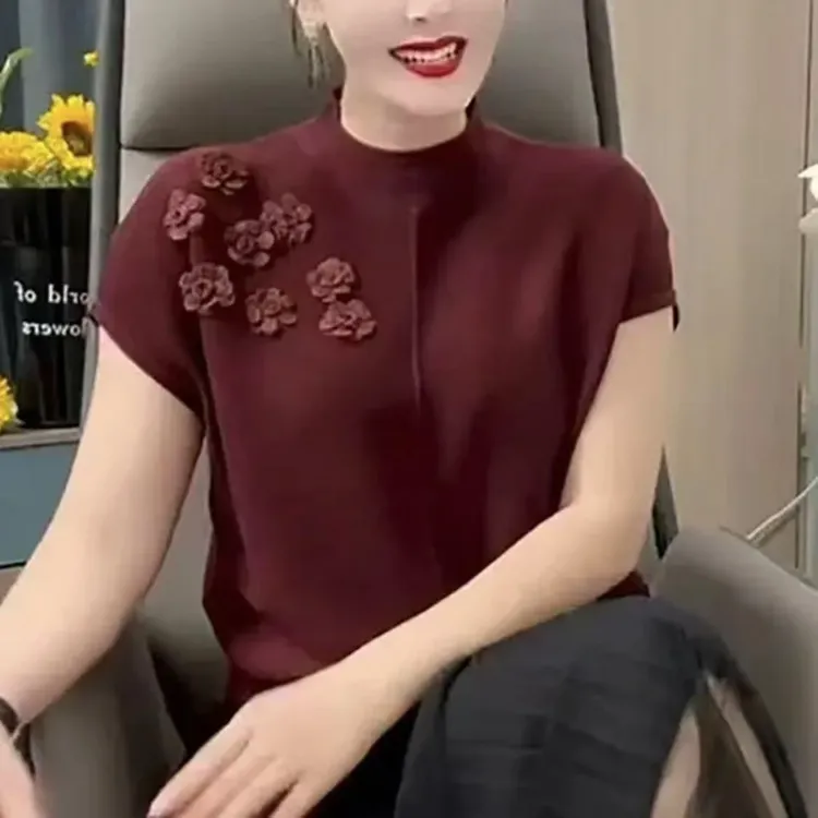 花朵显瘦圆领休闲薄款上衣短袖羊毛针织衫套头款