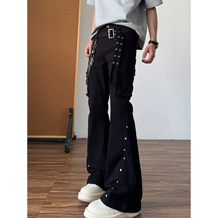 原创设计感小众铆钉工装裤高街ins国潮微喇长裤直筒显瘦裤子5631