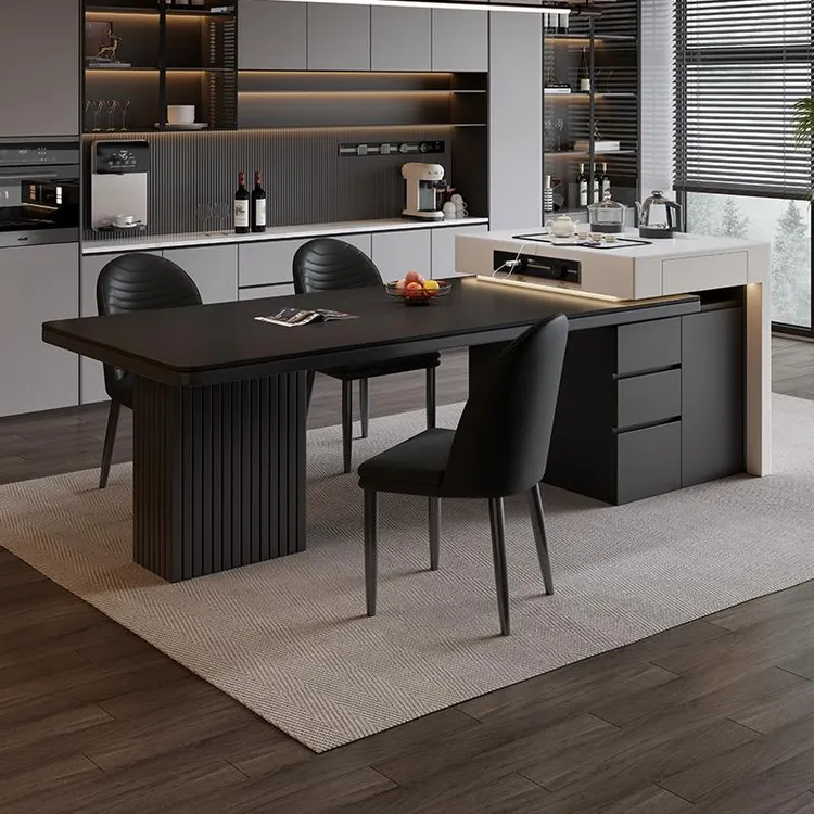 顺木佳2025新款高端岩板岛台餐桌一体意式家用岩板餐桌伸缩岛台