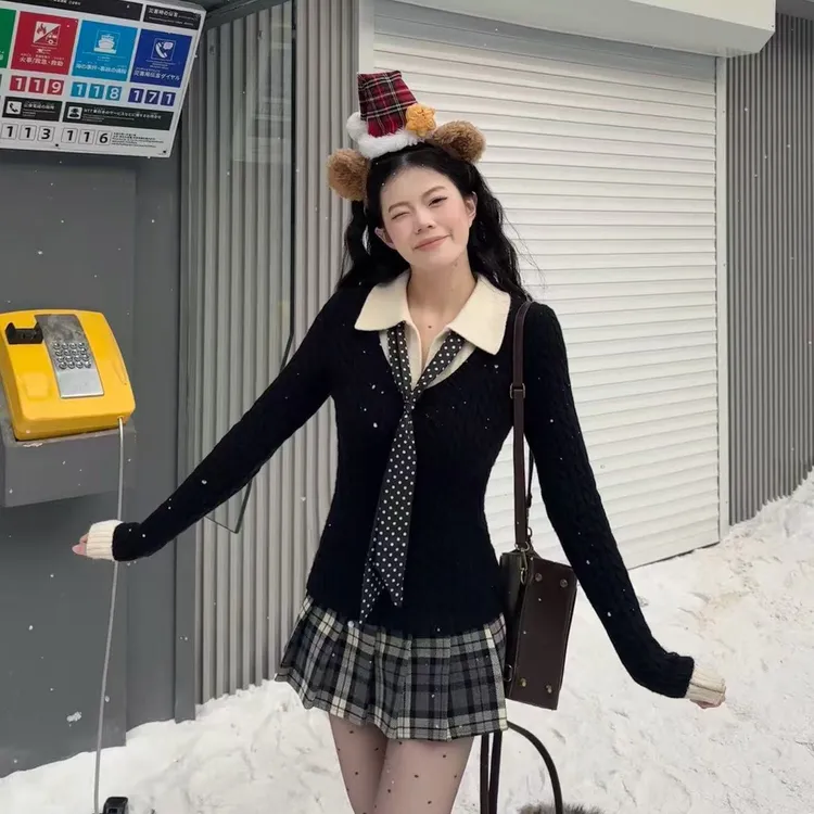 麻花毛衣女秋冬拼接假两件内搭复古长袖打底外穿针织设计感上衣