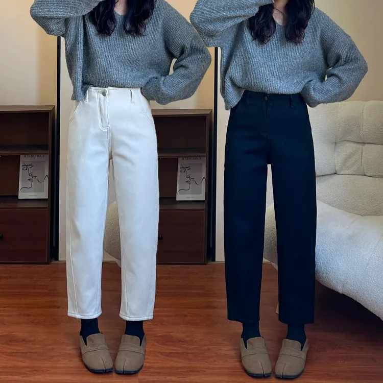 大码女装牛仔裤冬季加绒加厚哈伦裤遮肉显瘦高腰百搭九分老爹裤