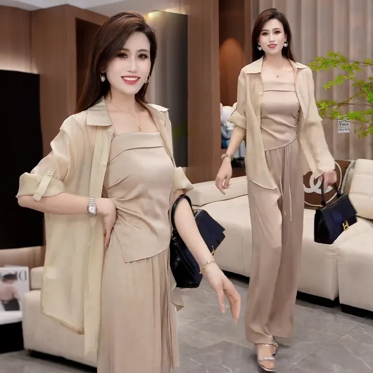 2025年夏季新款时尚百搭套装女薄款长袖衬衫吊带百搭阔腿裤三件套