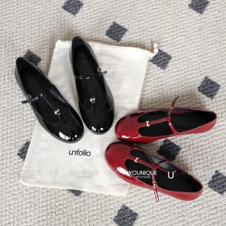 【unfolio】新品25春夏T字带玛丽珍鞋圆头平底羊皮浅口鞋女
