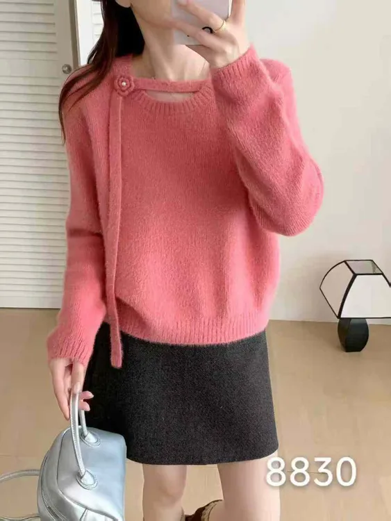 时尚飘带花朵针织衫毛衣高级感软糯上衣圆领韩版冬季韩系洋气加厚