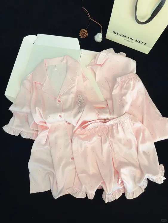 【DMXJ大梦想家】温柔粉波点兔子冰丝睡衣女夏季新款短裤家居服套装