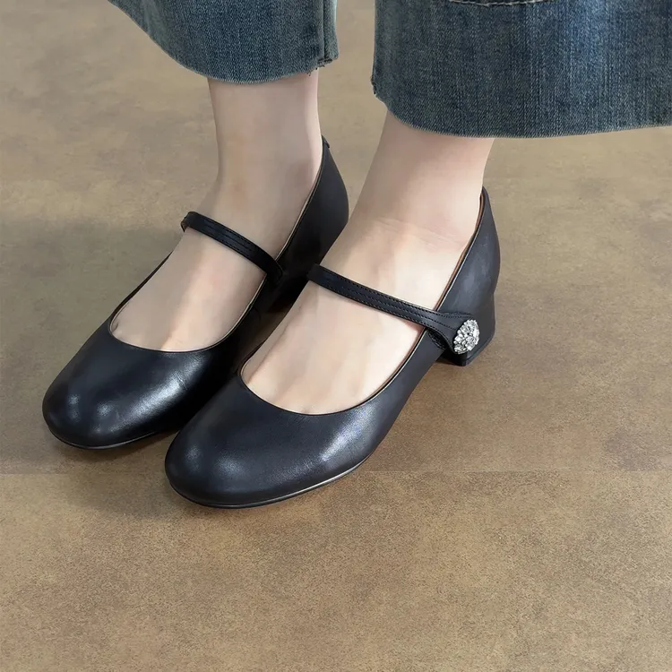4.5cm/ED2355牛皮浅口单鞋女春秋百搭圆头低跟玛丽珍鞋中跟学院风