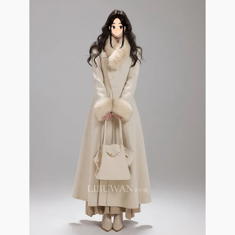 狐狸毛大毛领温柔气质千金长款收腰羊毛大衣