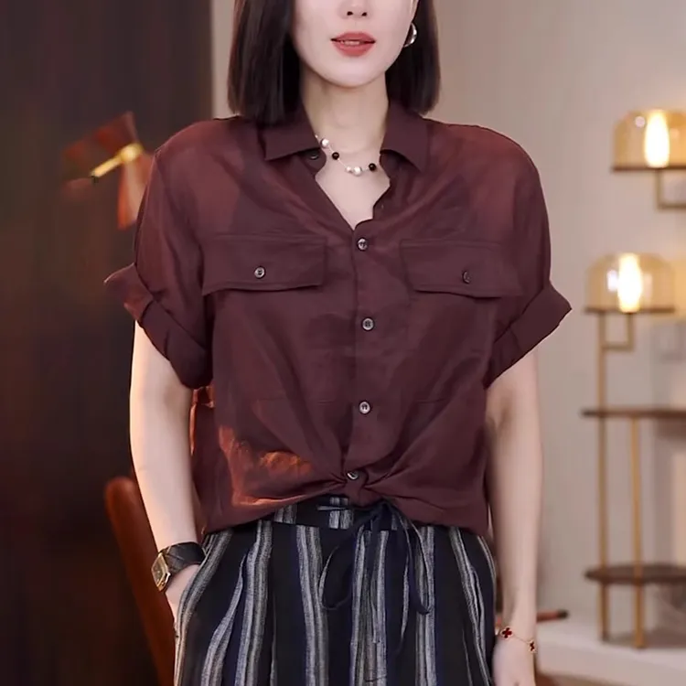 v领衬衫女夏季2025新款宽松显瘦时尚洋气职业高级感短袖气质上衣