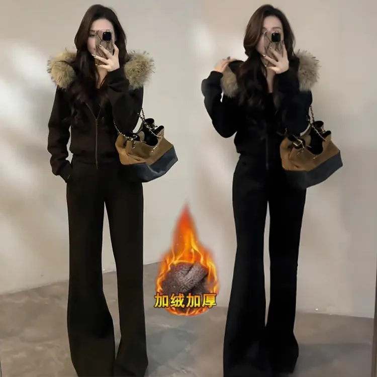 加绒加厚休闲运动套装女冬季新款洋气毛领连帽卫衣微喇裤两件套装