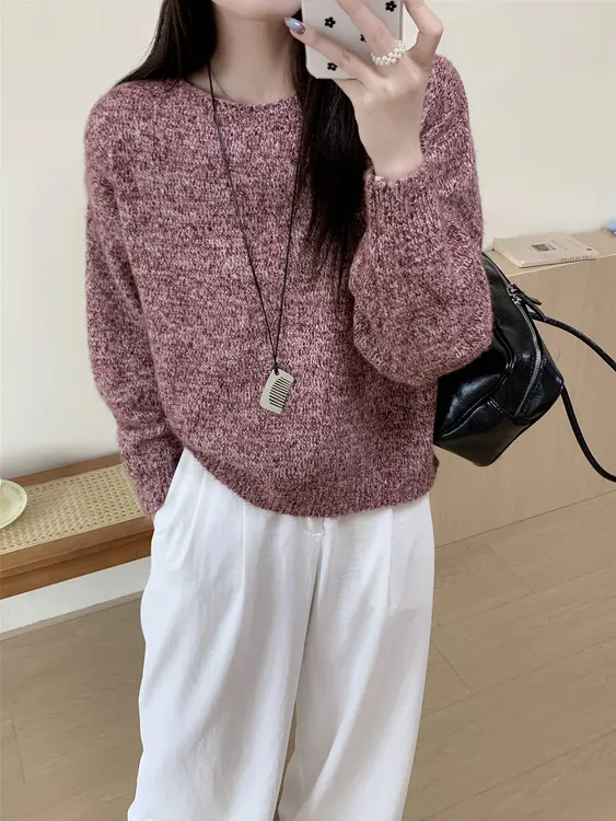 圆领外穿多彩拉毛氛围感毛衣秋冬毛针织衫加厚慵懒风套头长袖百搭