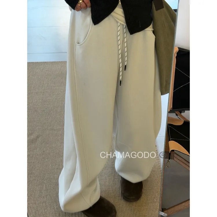 CHA MA GO DO11269秋冬松弛感豹纹加绒底边抽绳卫裤