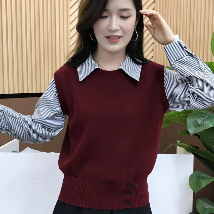 假两件条纹拼接针织毛衣女2025秋季新款韩板宽松气质源颖优品小铺