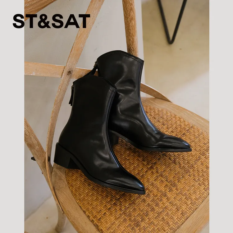 【气质踝靴】星期六时装靴冬款粗跟尖头时尚百搭骑士短靴6643