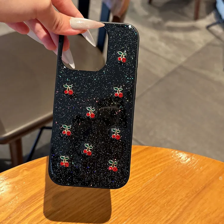 适用iPhone16黑色闪粉樱桃手机壳苹果15防摔14日系13女款12高级感