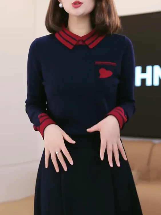 高级感条纹翻领针织打底衫女士秋冬季毛衣2025新款藏青色内搭上衣