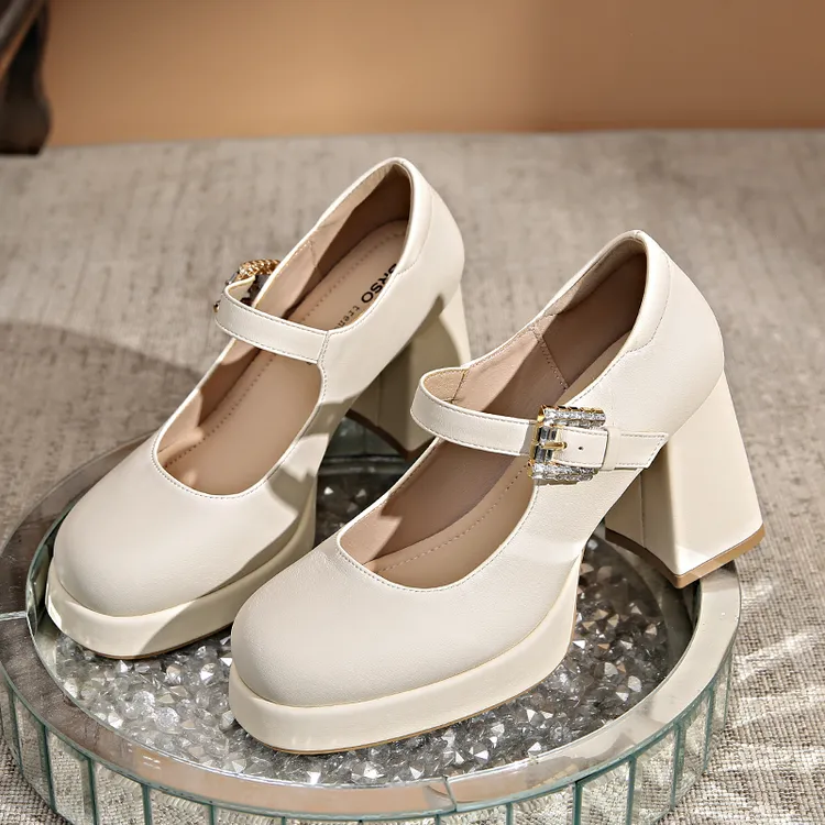 粗跟一字式扣带浅口高跟胶粘单鞋跟鞋皮鞋中跟英伦风法式春季女鞋