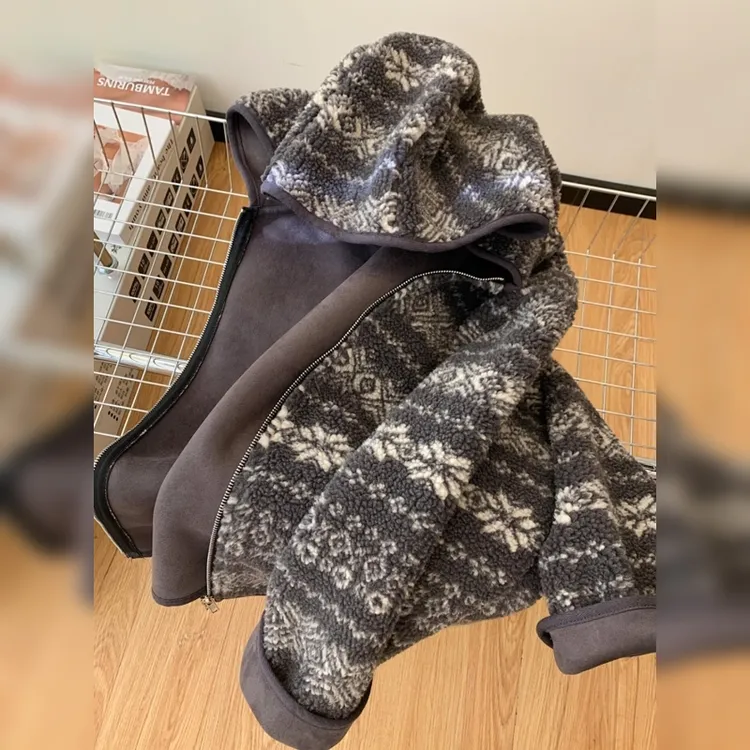 大码300斤冬季外套摇粒绒羊羔绒费尔岛提花圣诞款连帽保暖上衣男