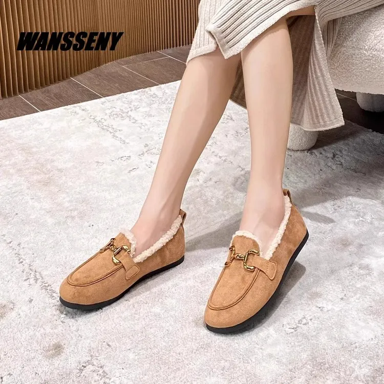 WANSSENY2025年加绒豆豆鞋女秋冬毛毛鞋外穿小码平底瓢鞋大码女鞋