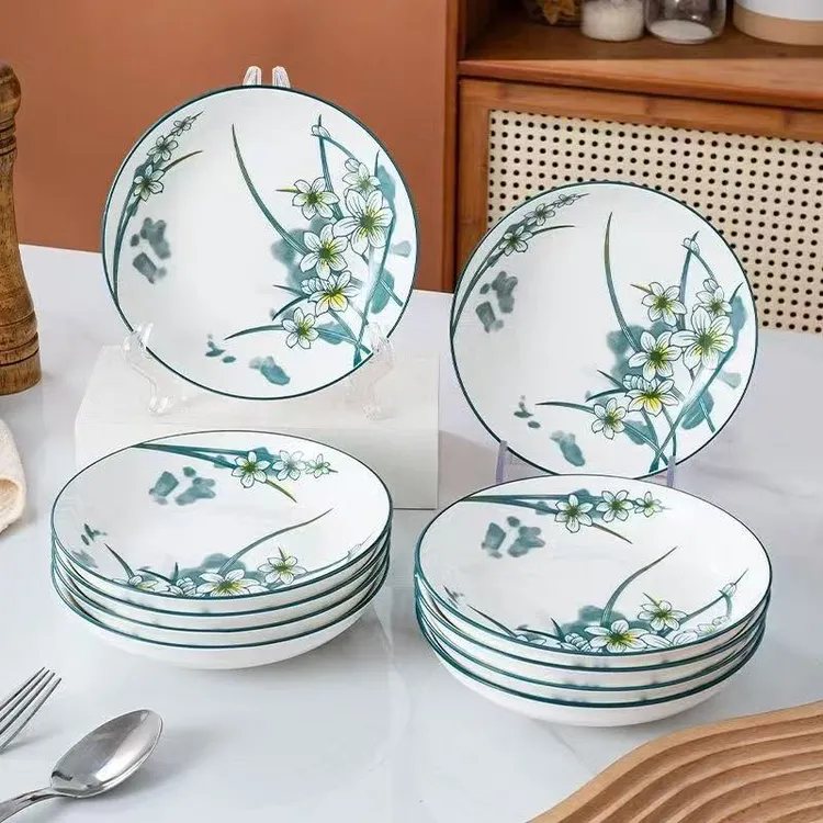 【8英寸盘水仙花10支装】陶瓷饭盘子菜盘釉下彩饭盘工艺网红餐具