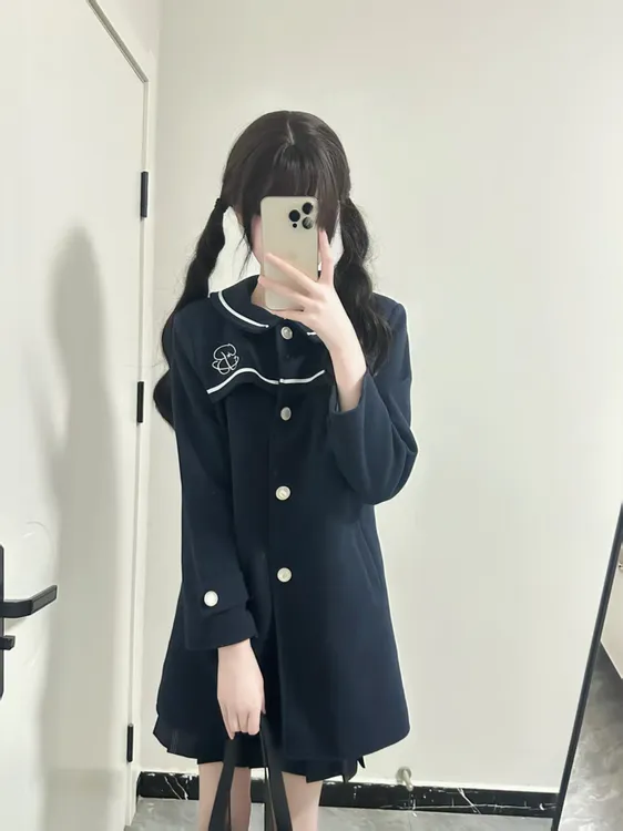 田中岛jk原创新款秋冬款呢子大衣绀色水手服大衣夹棉加厚女中长款