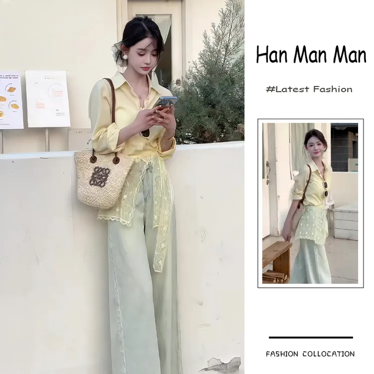 夏季流行穿搭一整套新款2025韩范时尚风衬衫蕾丝披肩牛仔裤三件套