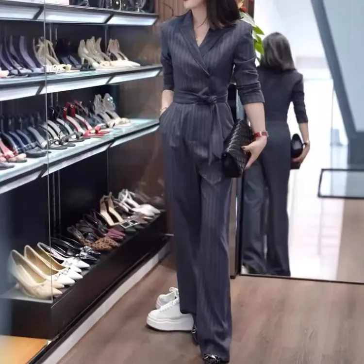 高雅秋季新款干练感通勒套装高腰显瘦连体裤裤子气质阔腿裤长袖